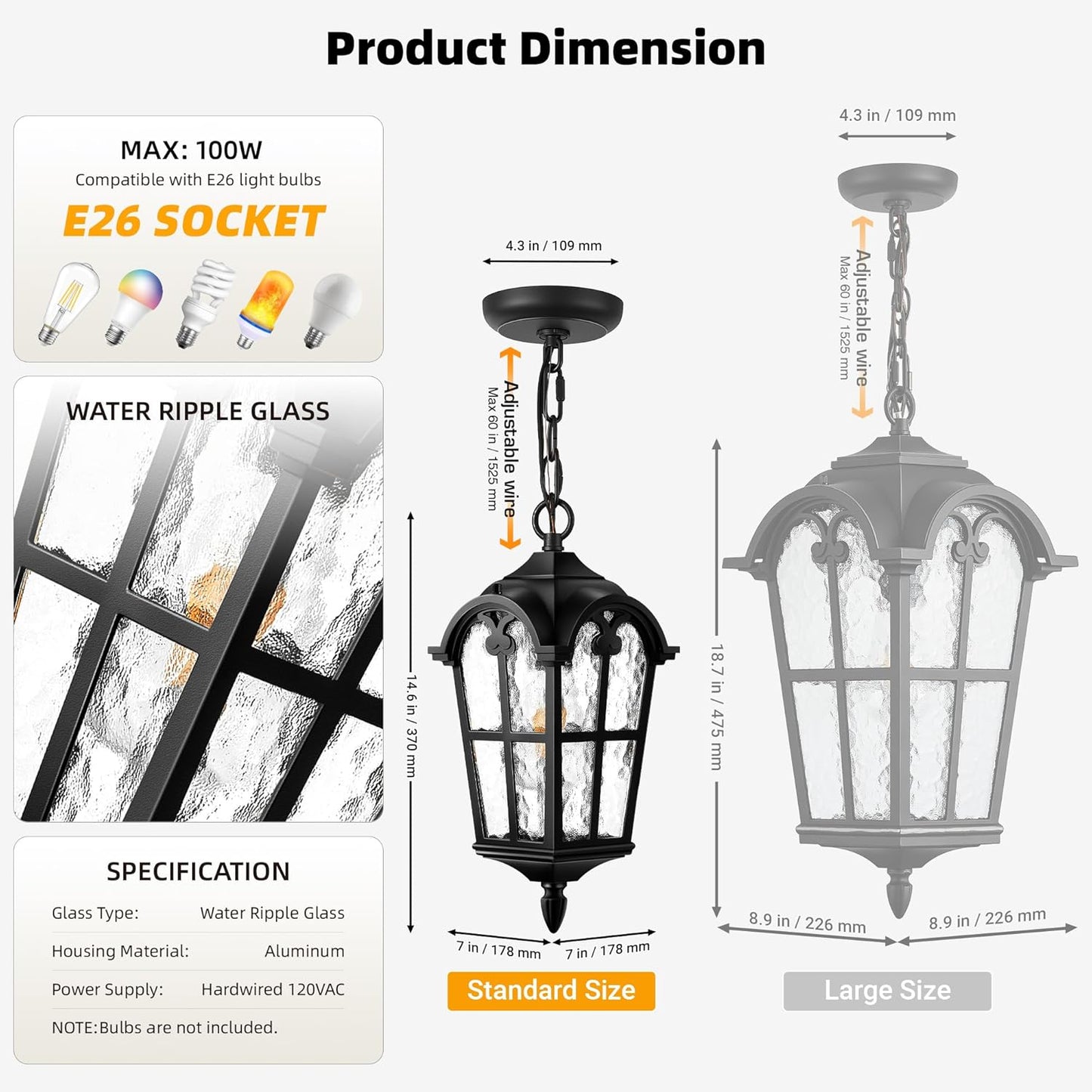 VIANIS Outdoor Pendant Light Fixture, Matte Black Vintage Outside Hanging Lights with Adjustable Chain, Aluminum Lighting Waterproof and Anti-Rust, Hanging Lanterns Outdoor for Entryway, Porch, Yard