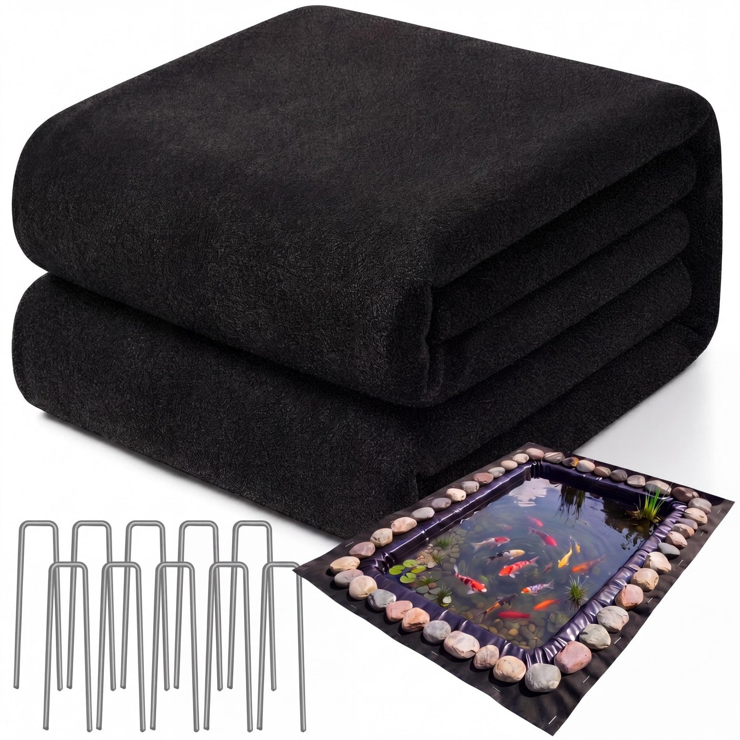 Fanfanwin 20 x 25 ft Pond Liner Underlayment 6oz Heavy Duty Black Non Woven Geotextile Underlayment Fabric with 10 U-pins for Outdoor Pond Streams Fountains Garden Waterfalls Fishpond Weed Barrier