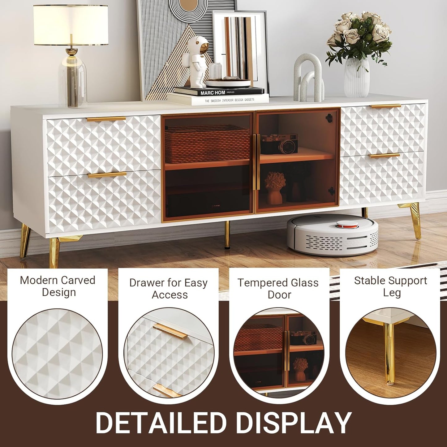 Rovibek 59" Modern TV Stand, Entertainment Center TV Console with Storage Drawers and Open Shelves, Media Console for Living Rooms and Bedrooms