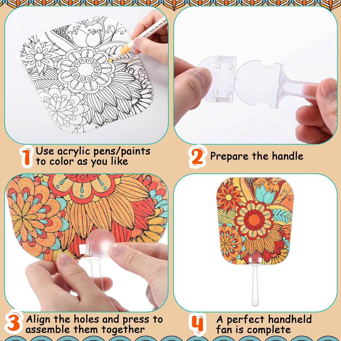 Geelin 48 Pcs Mandala Painting Art Kit Handheld Fan Set Including Fan and Handle 4 Styles DIY Painting Paper Fans for Christmas Crafting Birthday Supplies Outdoor Games Holiday Party Decor