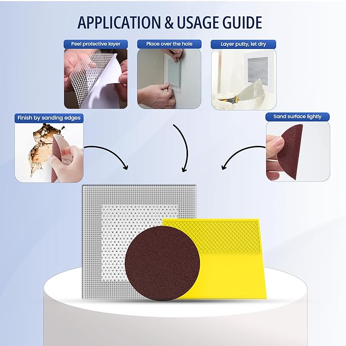 Wall Patch Repair Kit – 2 × 4″ Self-Adhesive Aluminum Mesh Patches with Small & Medium Scrapers & 2 × P180 Sandpapers | Quick-Fix Drywall Hole Patch Kit for Sheetrock, Plaster & Ceiling Crack Repair