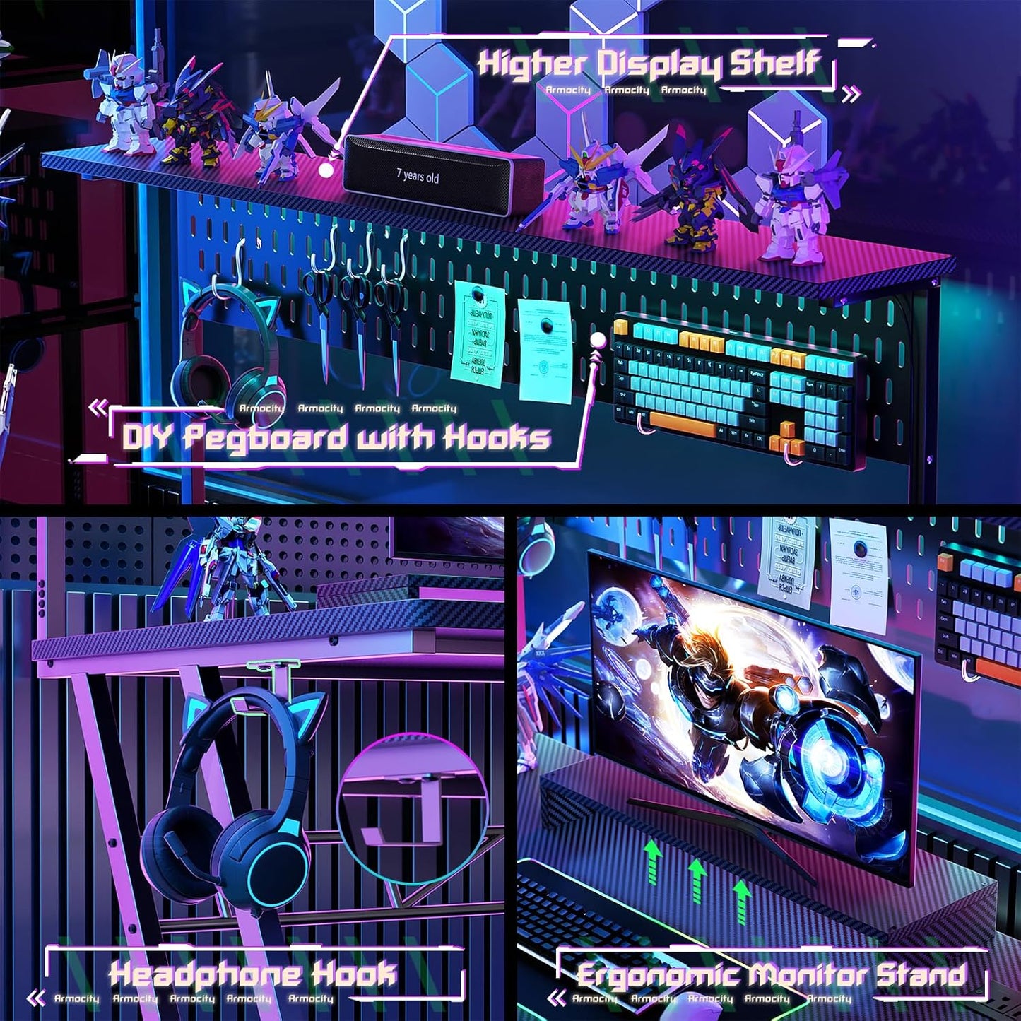 Gaming Computer Desk with Shelves and Outlets, Gaming Desk with Hutch and LED Lights, Reversible PC Gaming Desks with Pegboard, Carbon Fiber Black 47''