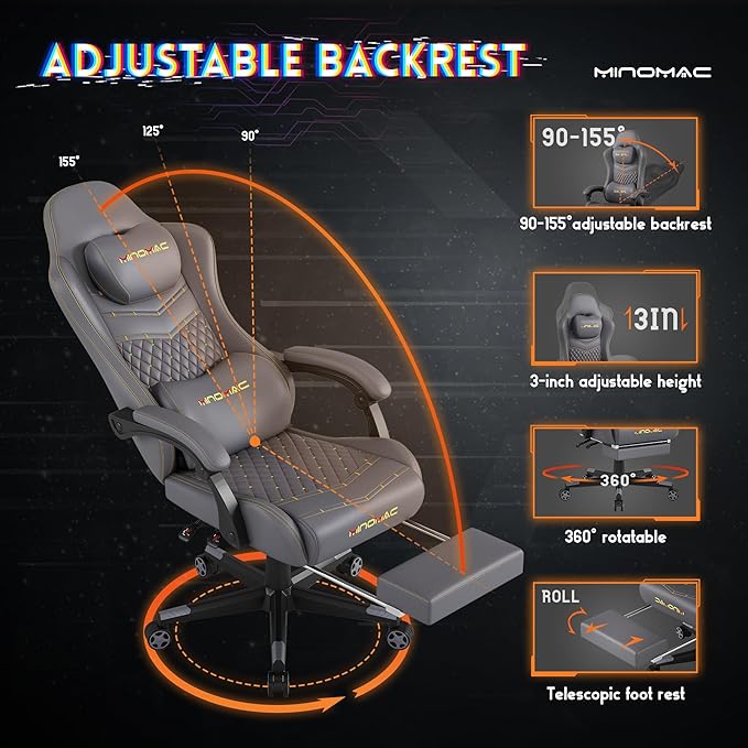 Gaming Chair,Ergonomic Computer Gaming Chair,400lb Load-Bearing,Retractable Footrest/Waist Support/Ergonomic Backrest[Spring + 4D Sponge] (Grey)