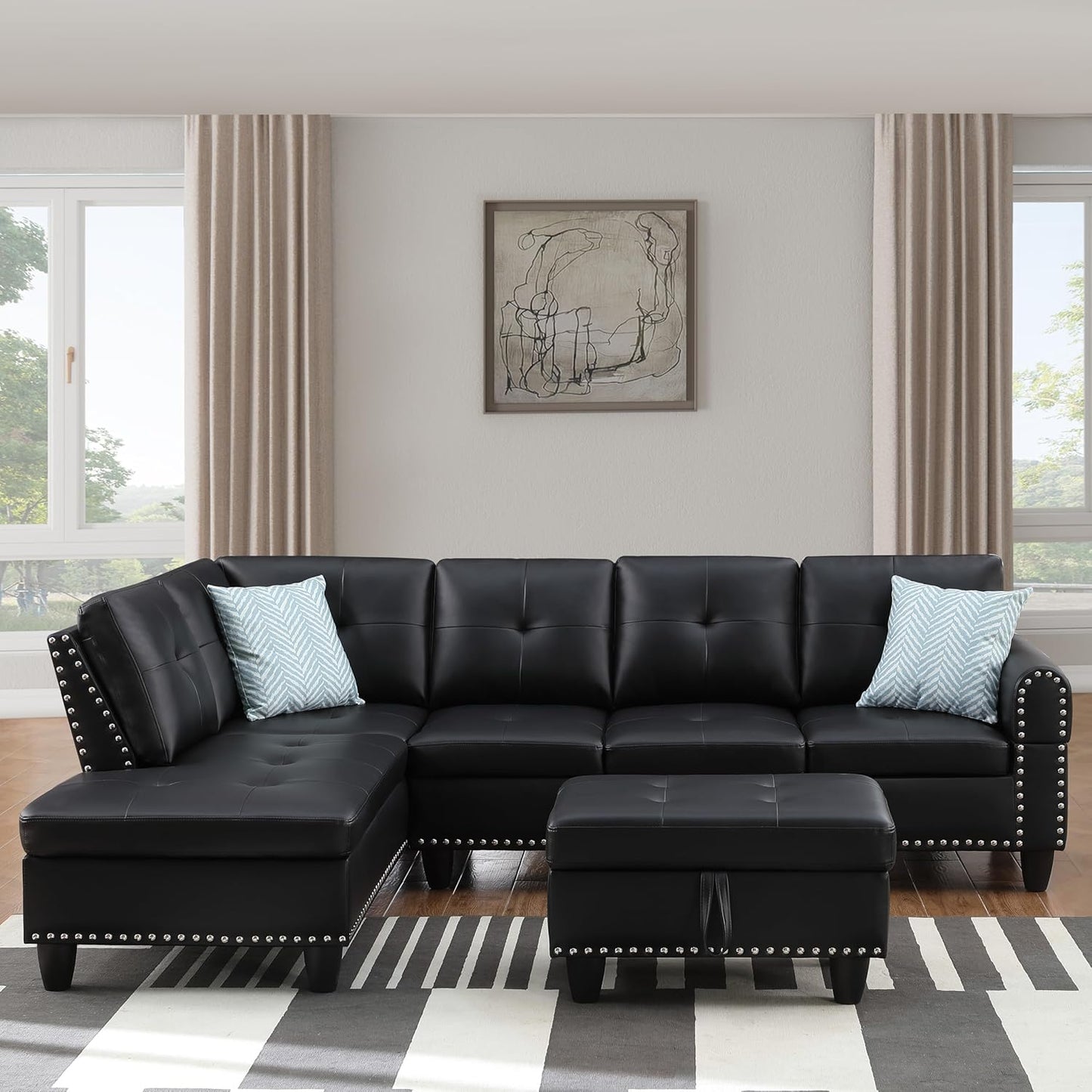 Ball & Cast 98" L Shaped Sectional Couch for Living Room with Chaise & Storage Ottoman,4 Seat Faux Leather Upholstered Modular Sectional Sofa Set 3 PCS W/Cup Holder&Nailhead Trim,for Home,Office,Black
