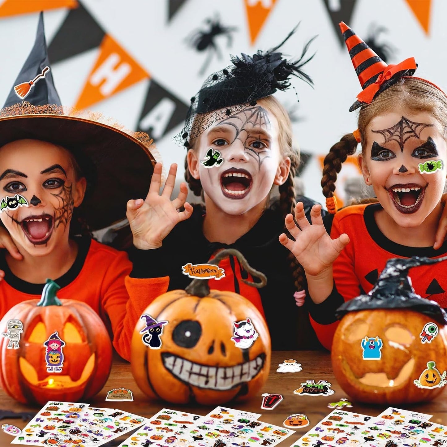 UPINS Halloweens Stickers for Kids, 12 Sheets 3D Happy Halloween Stickers Cute Puffy Stickers Ghost Pumpkin Skull Bat Spider Foam Stickers for Halloween Party Favors Scrapbooking DIY Crafts
