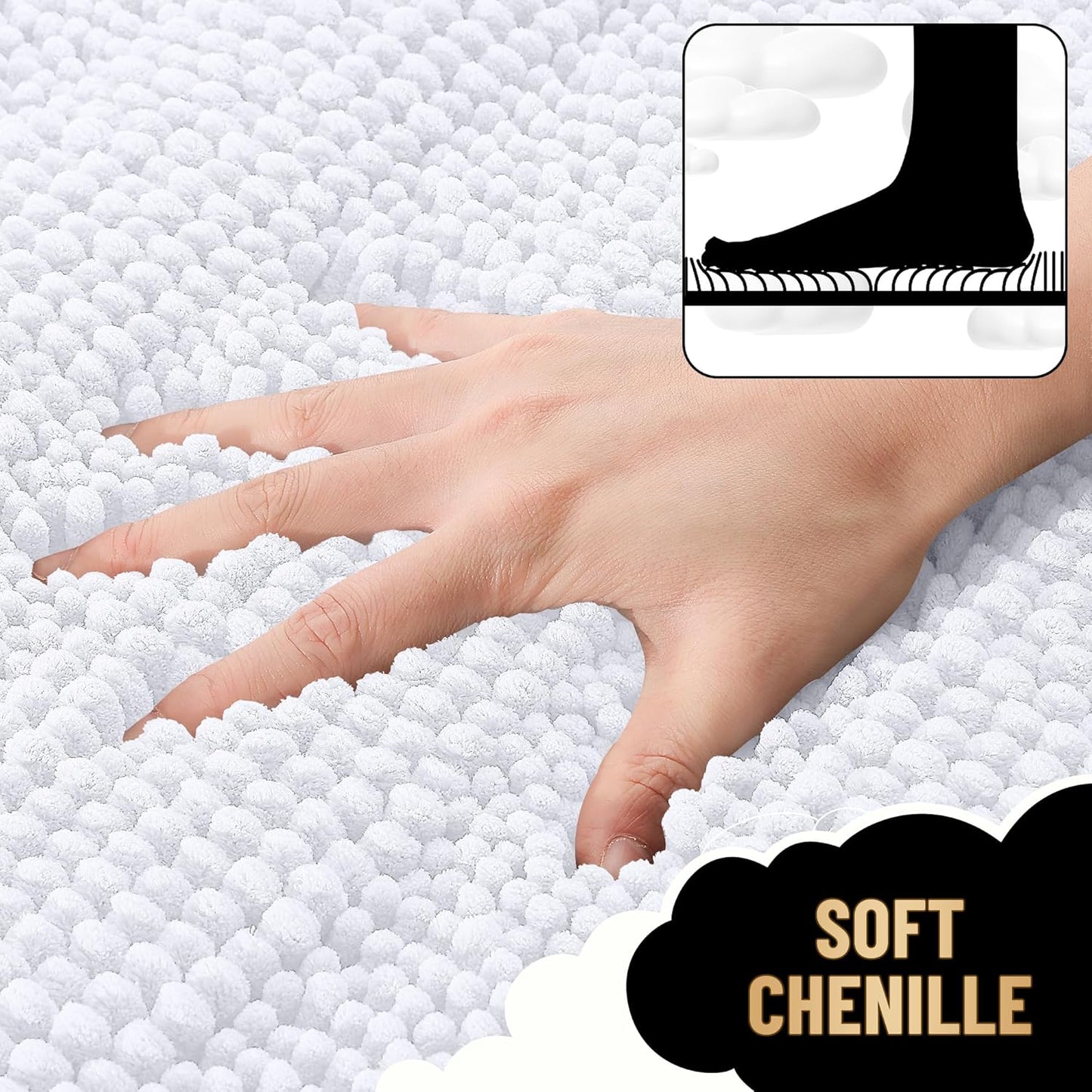OLANLY Thick Bathroom Rugs 70x24, Extra Soft Absorbent Chenille Striped Bath Rugs, Rubber Backing, Machine Wash Dry, Bath Mats for Bathroom Floor, Tub and Shower, Home Decor Accessories, White