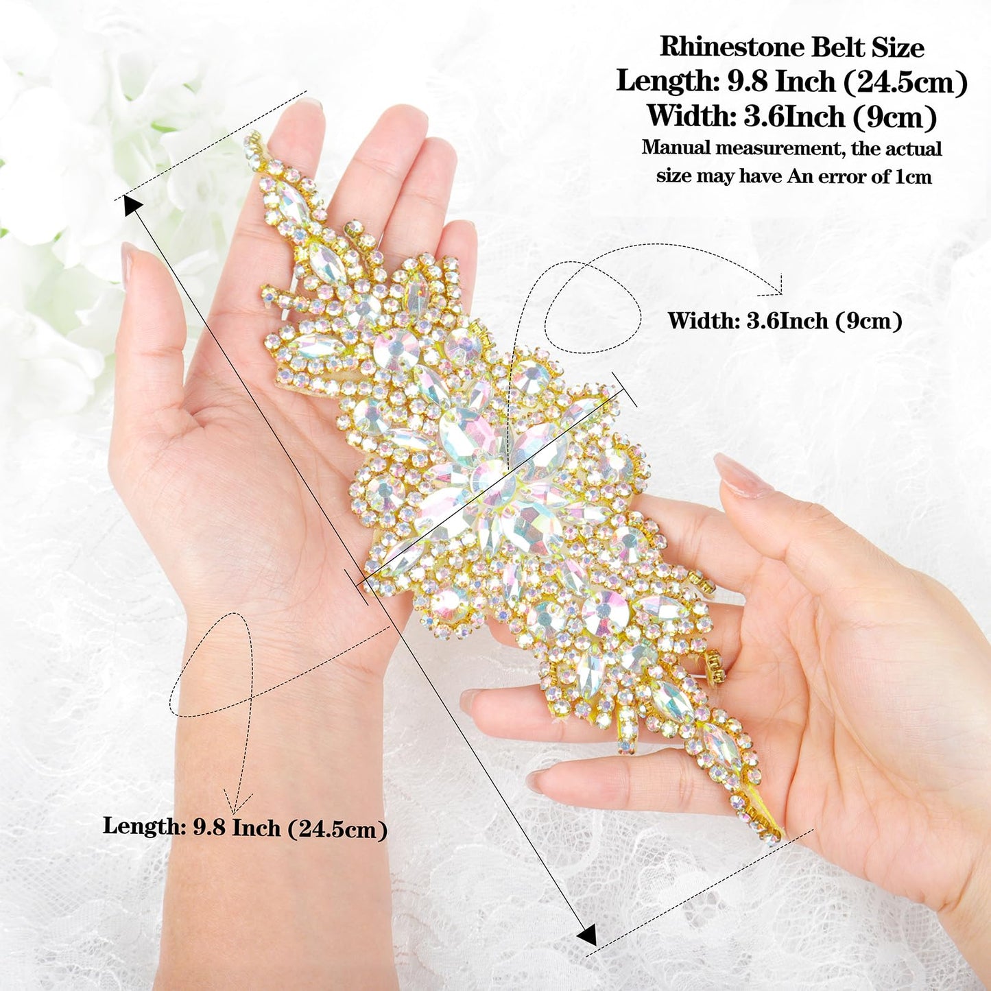 DUOBAO 2PCS Rhinestone Pearl Bead Iridescent Gold Applique Belt Bridal Accessories Crystal Trim Rhinestones Beaded Appliques Wedding Dress Sash Belts Headband DIY