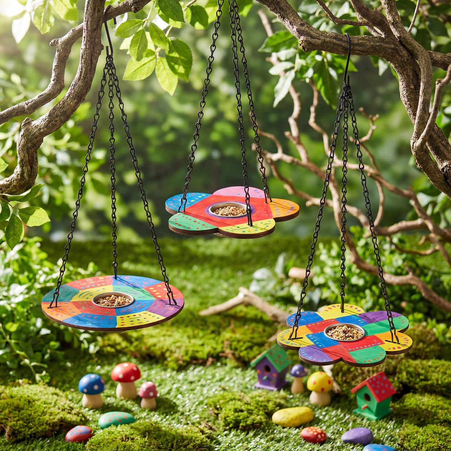DoubleFill 24 Pack Bird Feeder Craft Kits with Chains for Kids Ages 3-8 Make Your Own Wooden Flower Bird Feeders with Aluminum Bowls DIY to Paint Craft for Garden Outdoor Activities (Flower,Round)