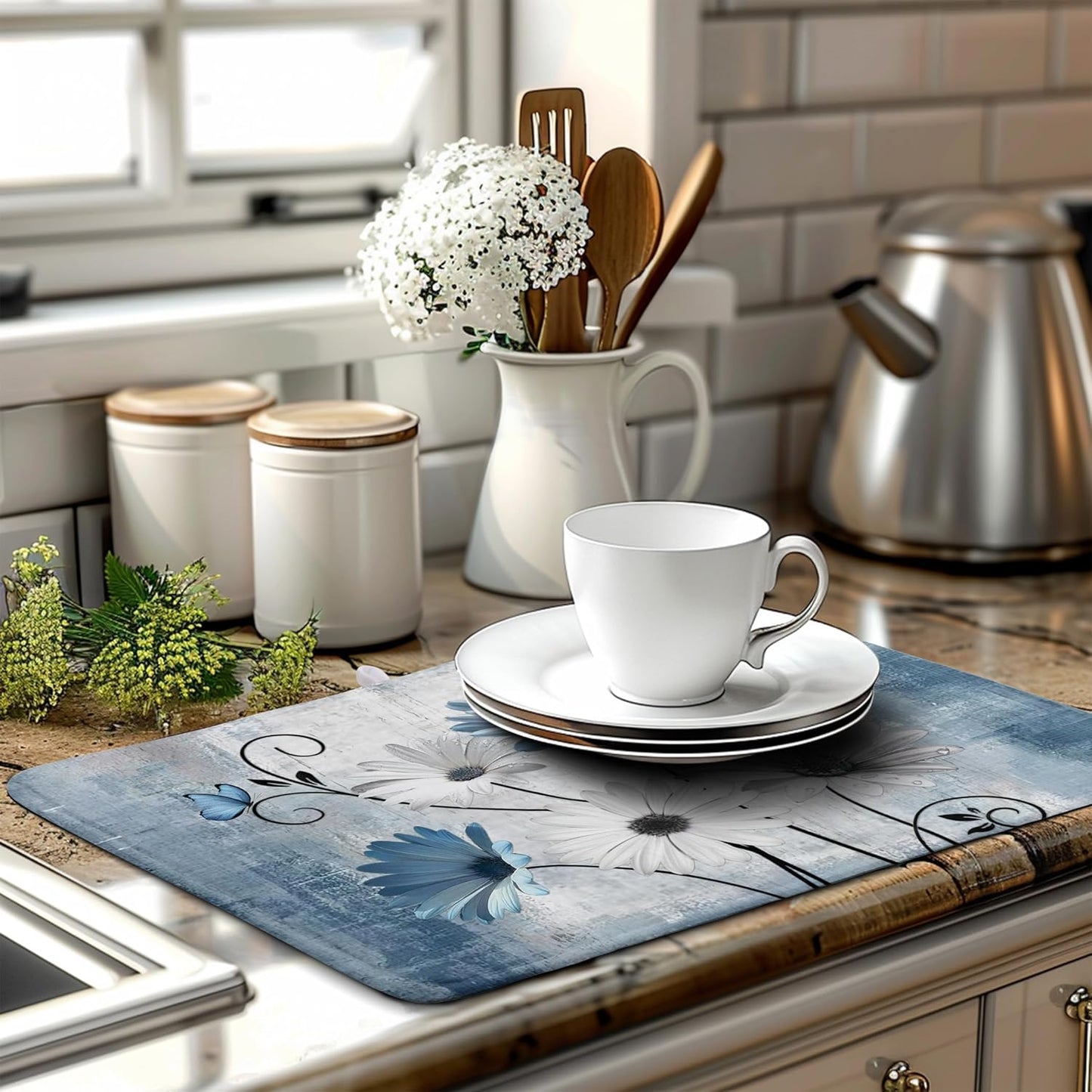 Dish Drying Mat for Kitchen Counter 18x24 Inch Blue Grey Daisy Drying Pads Rustic Vintage Floral Dish Dry Mat Microfiber Absorbent Farmhouse Dish Drainer Mat Flowers Dish Drainer Rack Mat