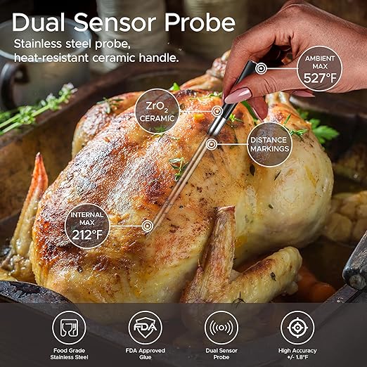 750ft Wireless Meat Thermometer Long Range for Smoker, BBQ & Rotisserie, Smart Bluetooth Thermometer Dual Sensor Waterproof Probe with LCD Base Station Display & App Control