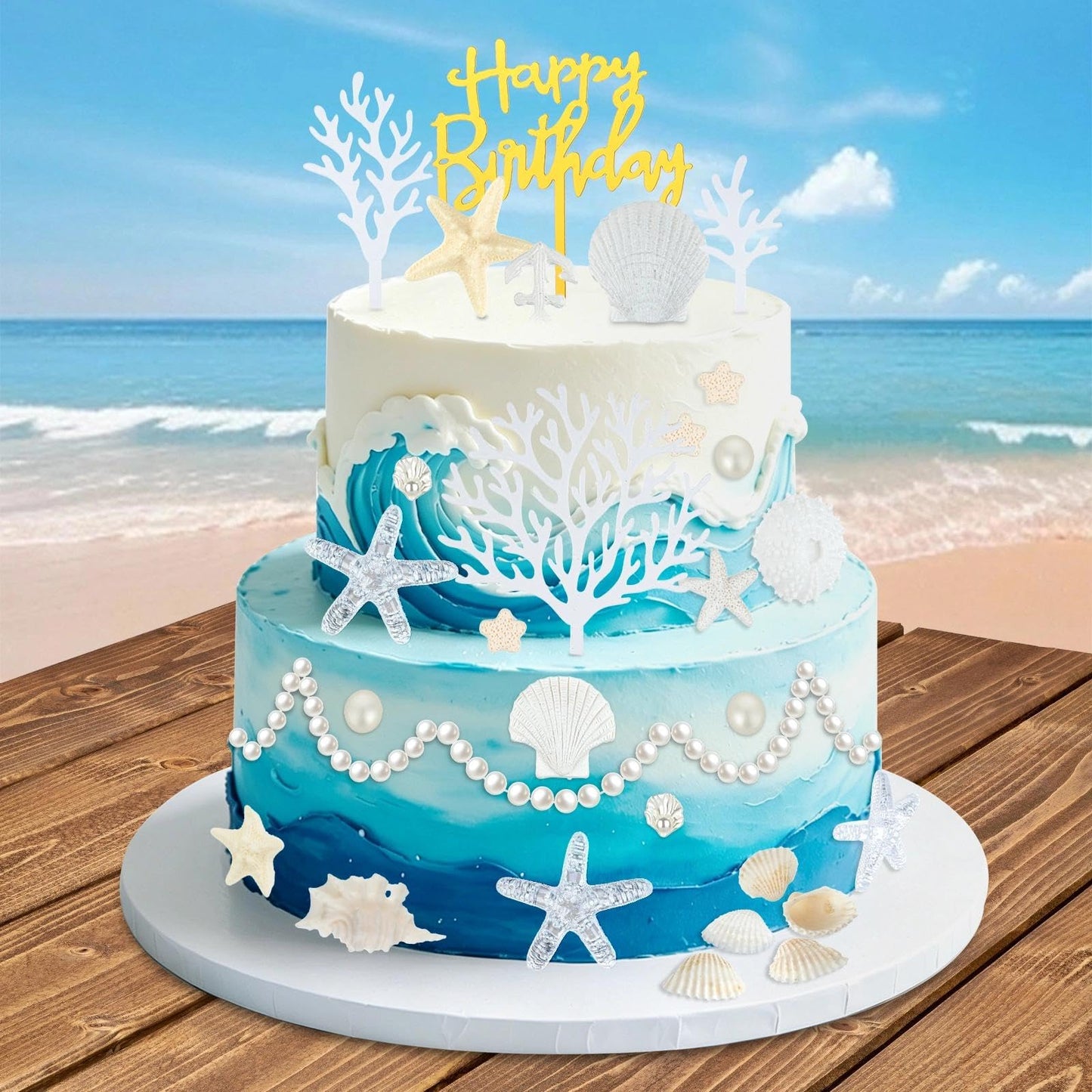 Prospura 34Pcs Beach Cake Topper Set, Under the Sea Theme Decorations with Golden Happy Birthday Sign, Ocean Seashells Starfish Conch for Summer Birthday Party Supplies