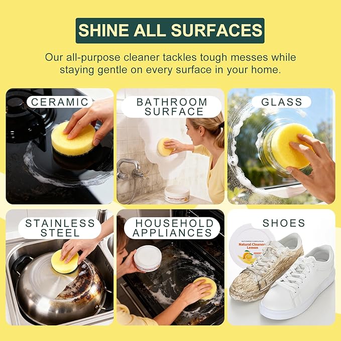 All Purpose Cleaner and Polish Paste - Heavy Duty Oven & Stove Top Cleaner for Kitchen Burnt Pans Glass Cooktops Sinks Tile & White Shoes - Natural Multi Surface Grease Marker & Hard Water Stain