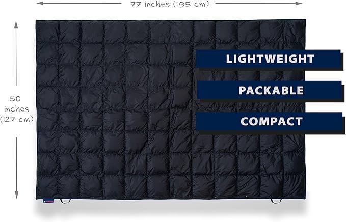 Get Out Gear Down Camping Blanket - Puffy, Packable, Lightweight and Warm | Ideal for Outdoors, Travel, Stadium, Festivals, Beach, Hammock | 650 Fill Power Water-Resistant Backpacking Quilt