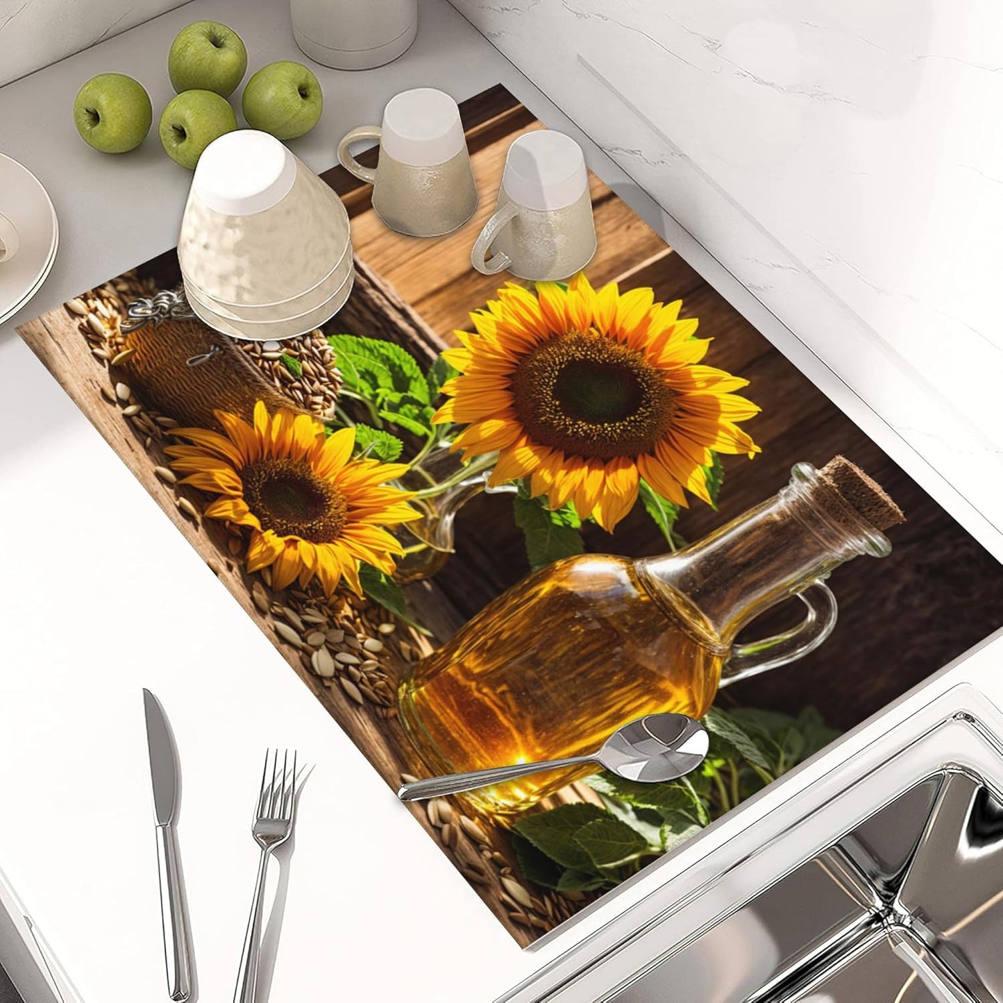 Large Dish Drying Mat for Kitchen Counter,18"X24" Sunflowers with Oil Bottle Absorbent Reversible Microfiber Dish Drying Mat Dish Drainer Mat,Dishes Mat Drying Pad for Kitchen Countertop Coffee Bar