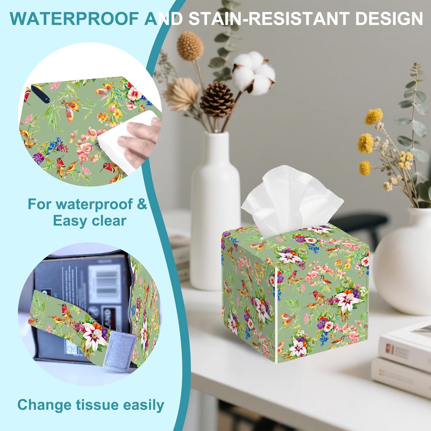 Watercolor Birds Tissue Box Cover,Exotic Wild Flowers Tissue Box Holder Square with Bottom Belt,Waterproof Modern Napkin Holder Organizer for Bedroom Dresser Night Stand Office Desk,5.2" x 5.2" x 5.2"