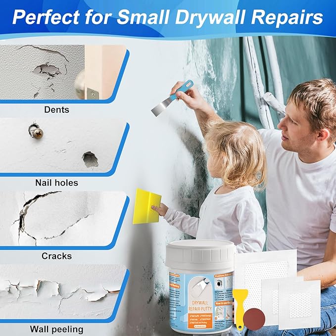 Drywall Repair Kit, Drywall Patch Repair Kit with 8.8OZ White Wall Repair Putty, Scraper Sandpapers Gloves for Heavy Duty Plaster Wall Repair, Easy to Fill Holes in Home Wall & Quick Repair Crack