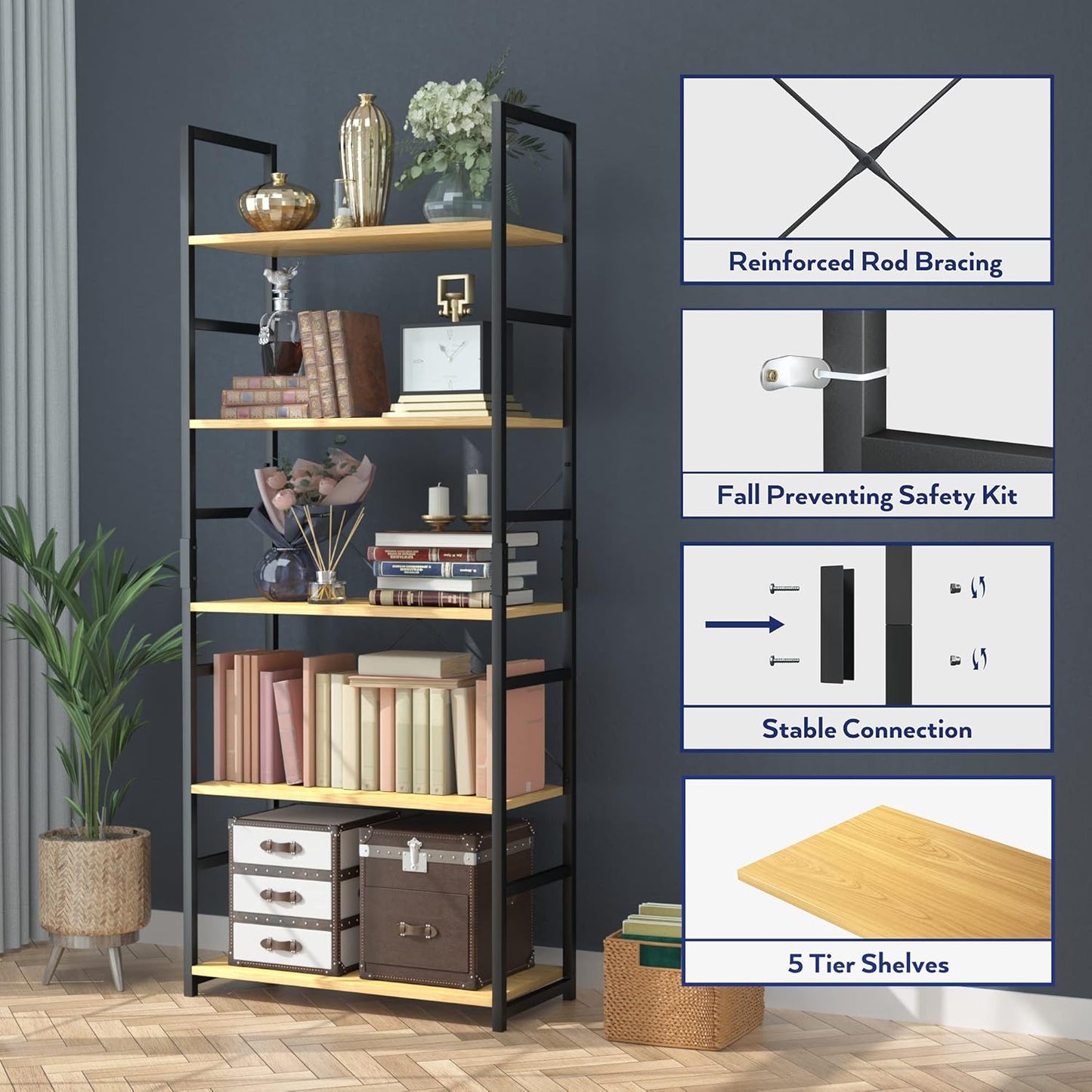 NUMENN 5 Tier Bookshelf, Tall Bookcase Shelf Storage Organizer, Modern Book Shelf for Bedroom, Living Room and Home Office, Natural