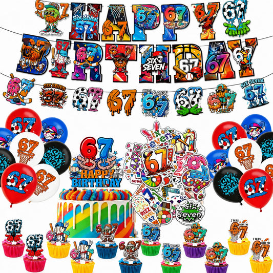 lvyujia 6 7 Birthday Decorations Kit, I Was 6 Now I'm 7 Birthday Decorations, Funny Meme Party Supplies with 50PCS Stickers, Banner, Balloons, Cake & Cupcake Toppers for Indoor Outdoor Party Décor