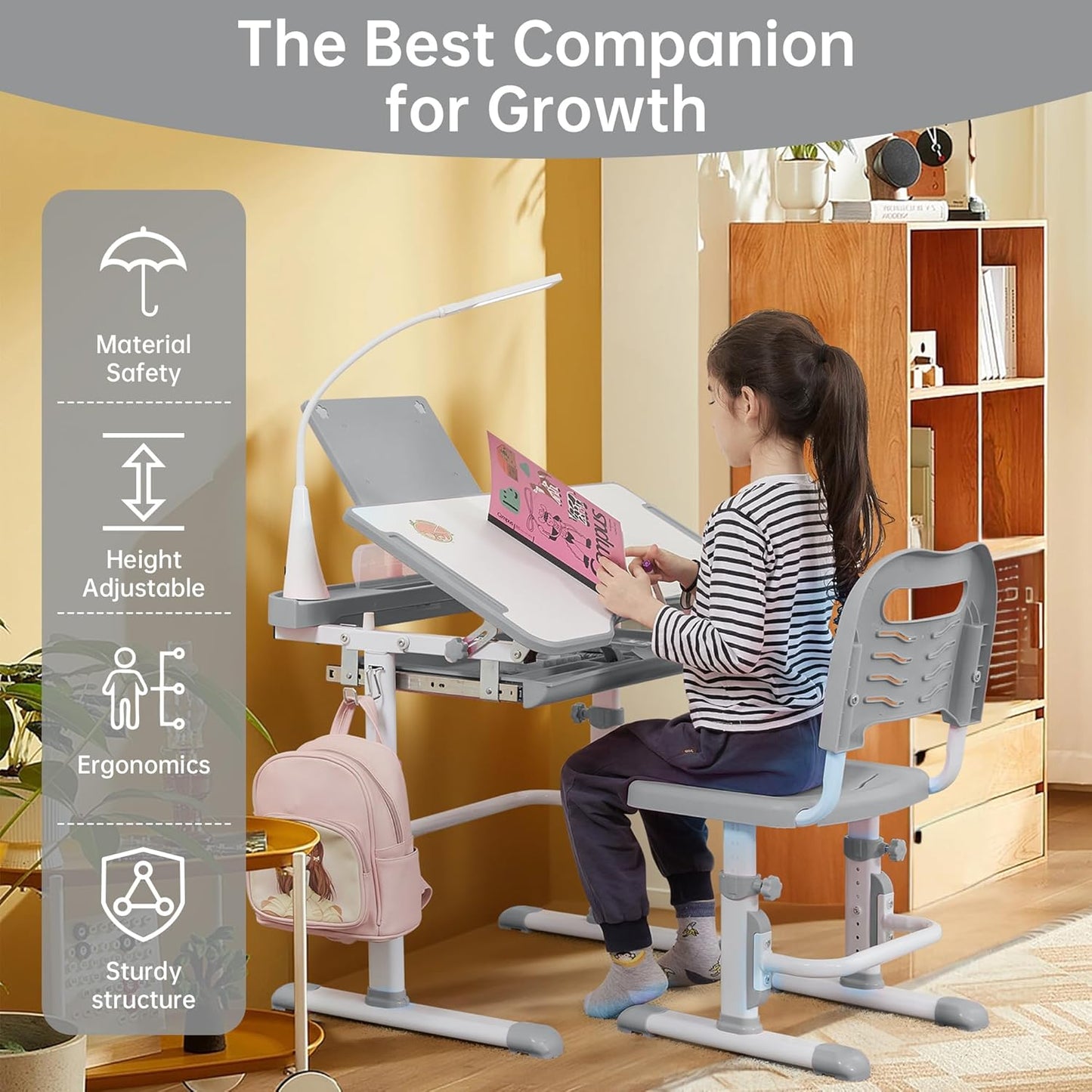Real Relax Kids Desk and Chair Set, Children's Multifunctional School Tables with Tilt Desktop, LED Light, Metal Hook Grey