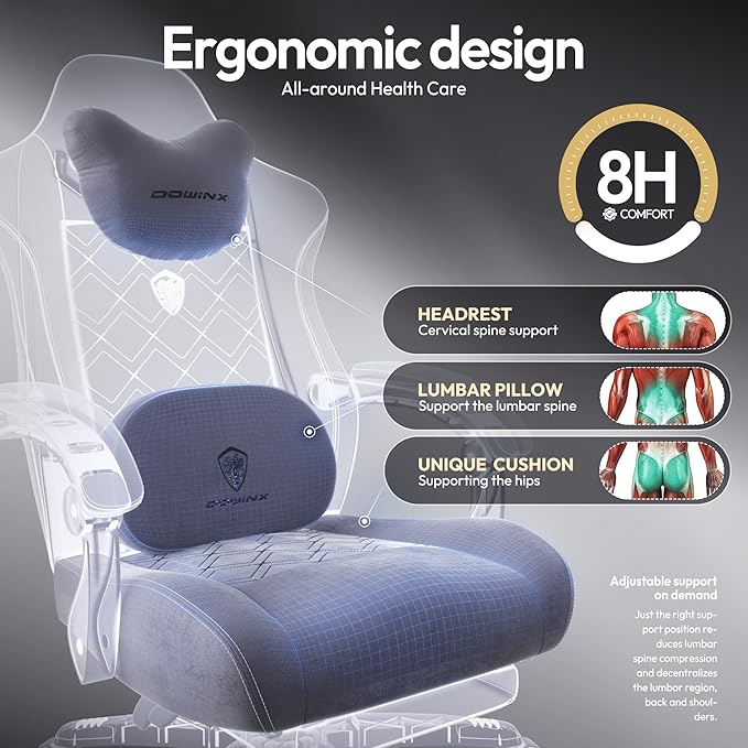 Dowinx Gaming Chair with Heated Massage Lumbar Support,Big and Tall Fabric Gaming Chairs for Adults with Footrest, Ergonomic Computer Game Chair with Poket Spring Cushions, 350lbs, Gray