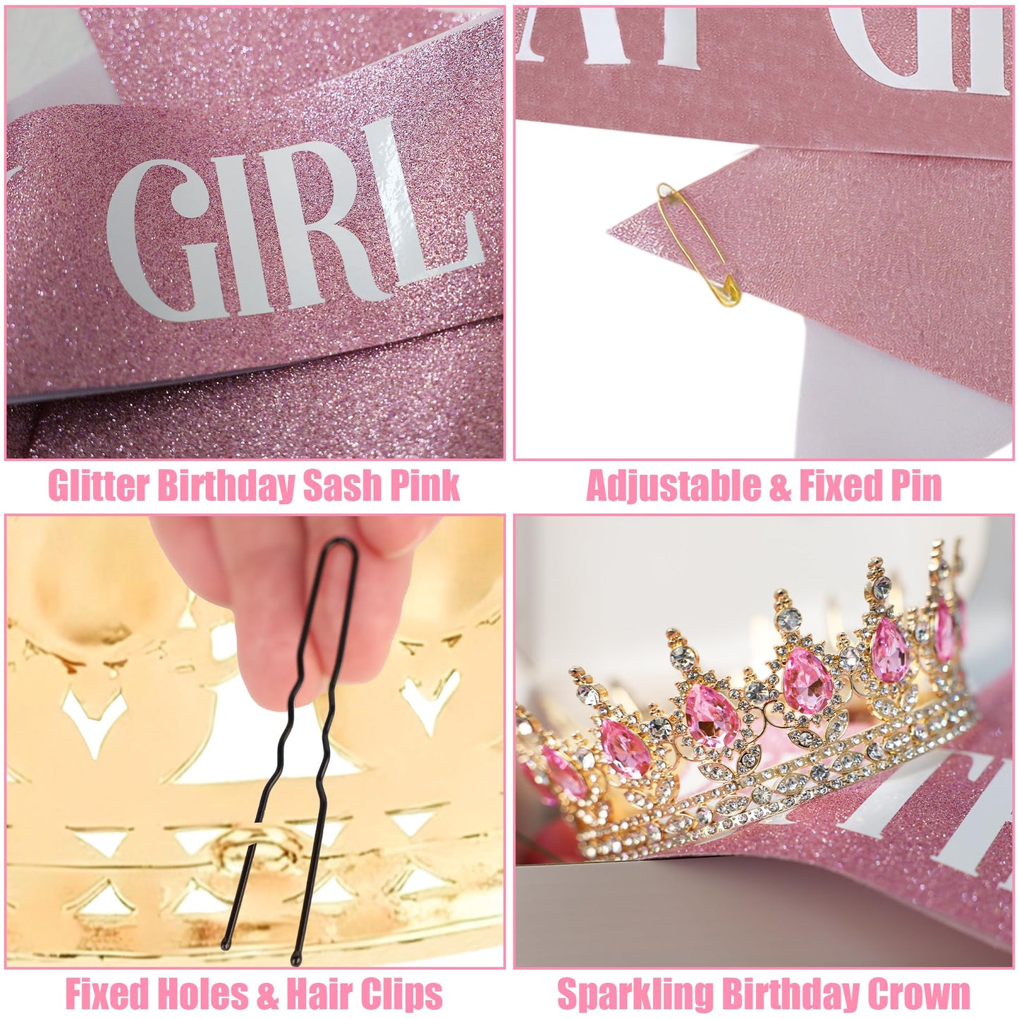 AMZVALU Crown & Birthday Sash for Women - Crown Happy Birthday Cake Topper Candles Balls Butterfly | Corona Para Pastel | Sweet Crown Decorations for Queen Princess Bride Wedding Prom (Gold, Pink)
