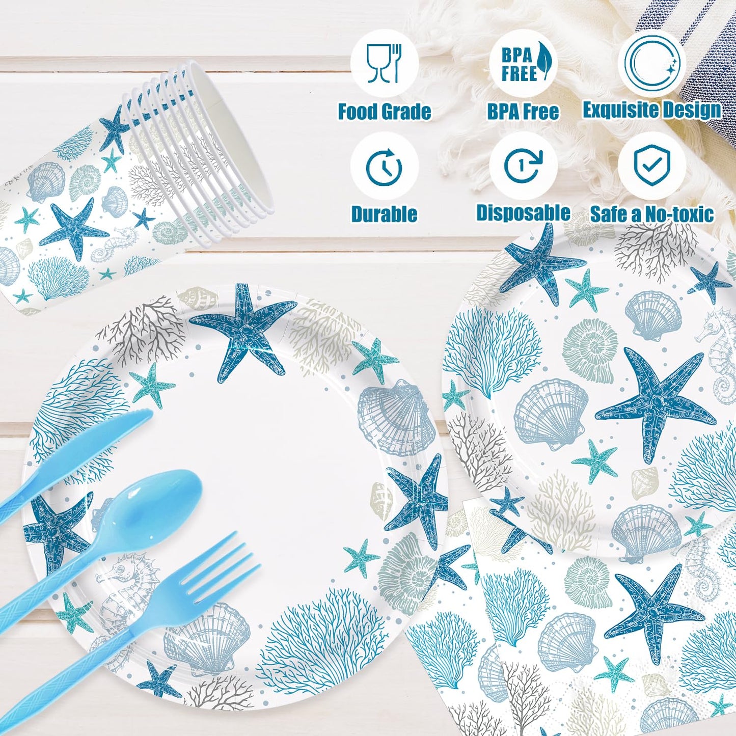 Vellumvibe 168pcs Coastal Beach Paper Plate Napkin Blue Starfish Seashell Party Supplies Disposable Tableware Set for Summer Ocean Birthday Party Decorations Serve 24 Guests