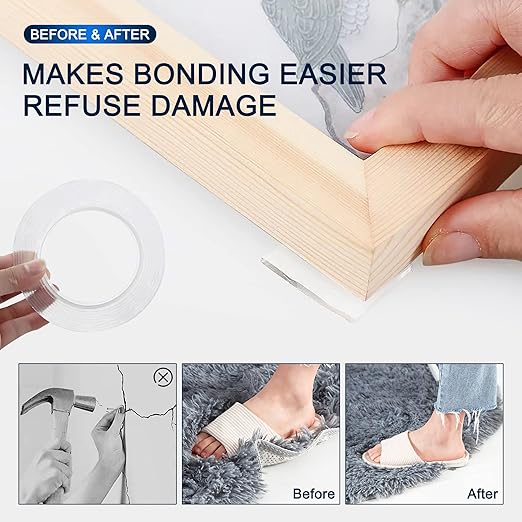 Double-Sided Tape Heavy Duty 16.5 FT x 1.18 in – Clear Removable Mounting Tape for Walls, Carpet, Rugs, Posters – Reusable, No-Residue, Indoor/Outdoor Nano Gel Grip (Pack of 2)