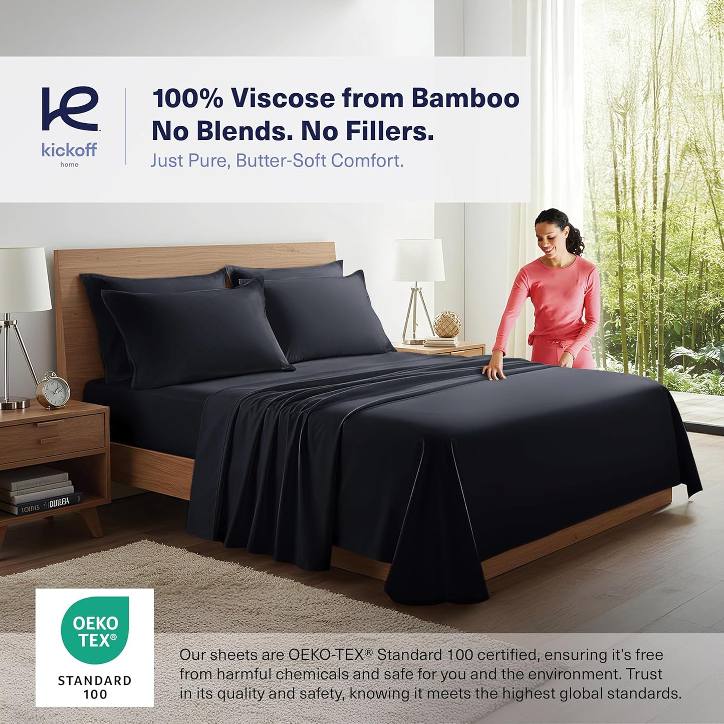 Kickoff Viscose Bamboo Sheets Queen Size 4-pc 100% Organic Bamboo Viscose Bed Cooling Sheets Queen Size Set Cool Bedding for hot Sleepers Sheet, Flat, Fitted, Pillowcases (Onyx Black, Q)
