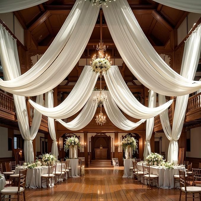 Wedding Arch Draping Fabric, 2 Panels 18FT Beige Sheer Backdrop Curtain Chiffon Fabric Drapery Voile Scarf Draping Panels for Wedding Archway Ceremony Curtain Valance Party Decoration