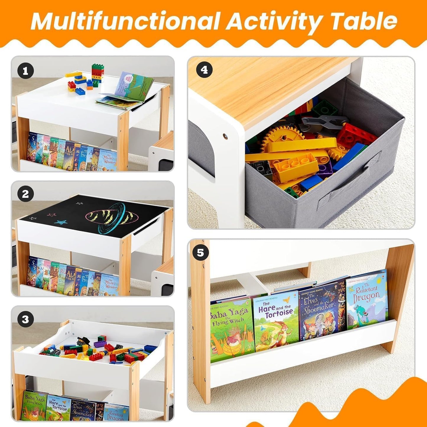 Asweets Kids Table and Chair Set,4 in 1 Toddler Desk with Storage Drawer,Wooden Activity Table for 2 in 1 Detachable Tabletop,Bookshelf,Suitable for Classroom,Home,Nursery,Playroom (Ivory White)