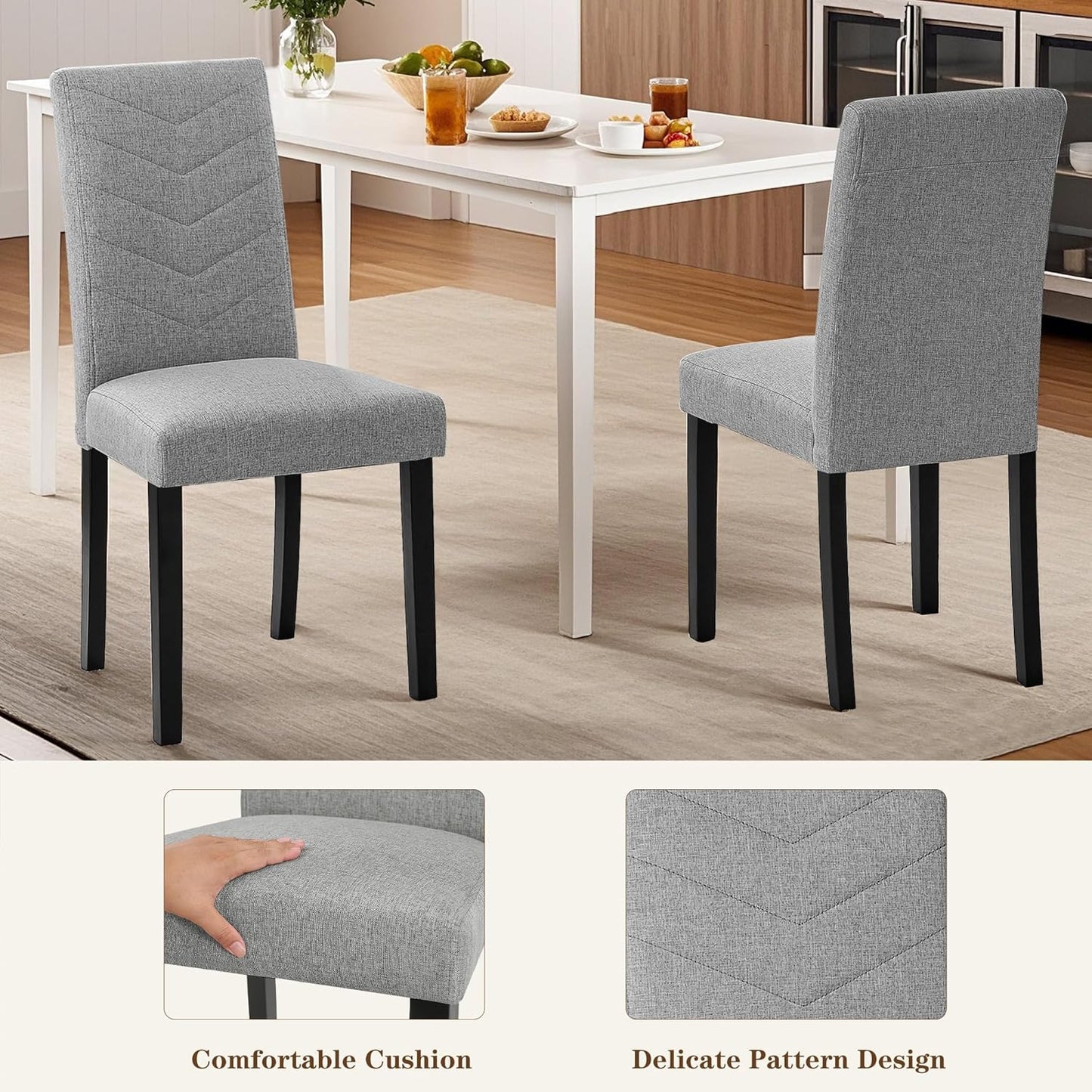 VECELO Upholstered Dining Chairs Set of 6, Fabric Wood Legs High Back for Kitchen Living Room, Light Gray