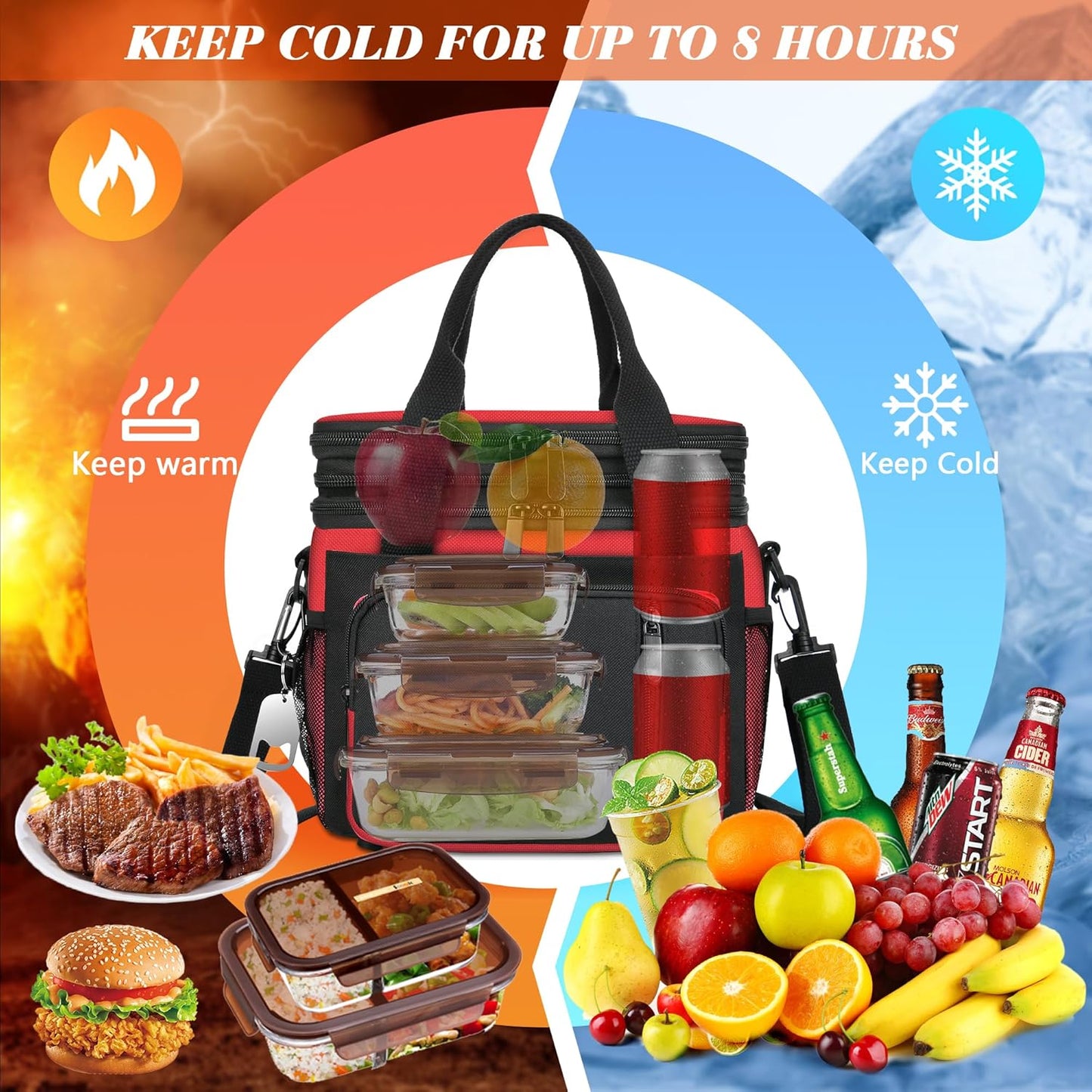 Insulated Lunch Bag Women & Men | Large Adult Lunch Box | Double-Layer Reusable Lunch Bags | Leak-Proof Tote Cooler Bag for Work Picnic Outdoors | 16L, Red