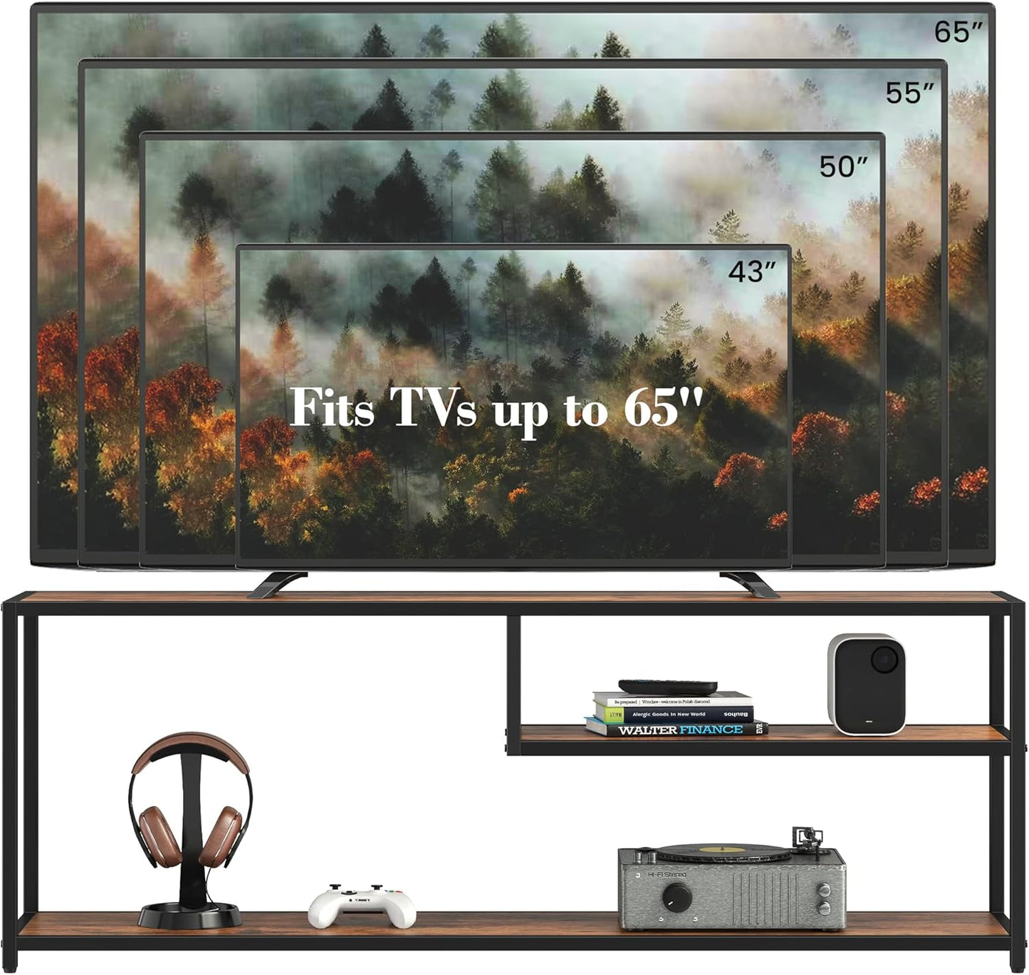 TECHMILLY Modern TV Stand for 65" TV, TV Table with Storage Shelves, Entertainment Center with Metal Frame, TV Console Table for Living Room, Bedroom, Rustic Brown