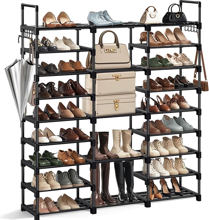 KKU Shoe Rack Organizer, Shoe Organizer Storage Cabinet with 2 Multi-Purpose Hooks Hang up Cloth & Umbrella 9-Tier Portable Closet for Front Door Entrance (Capacity 50-55 Pairs)