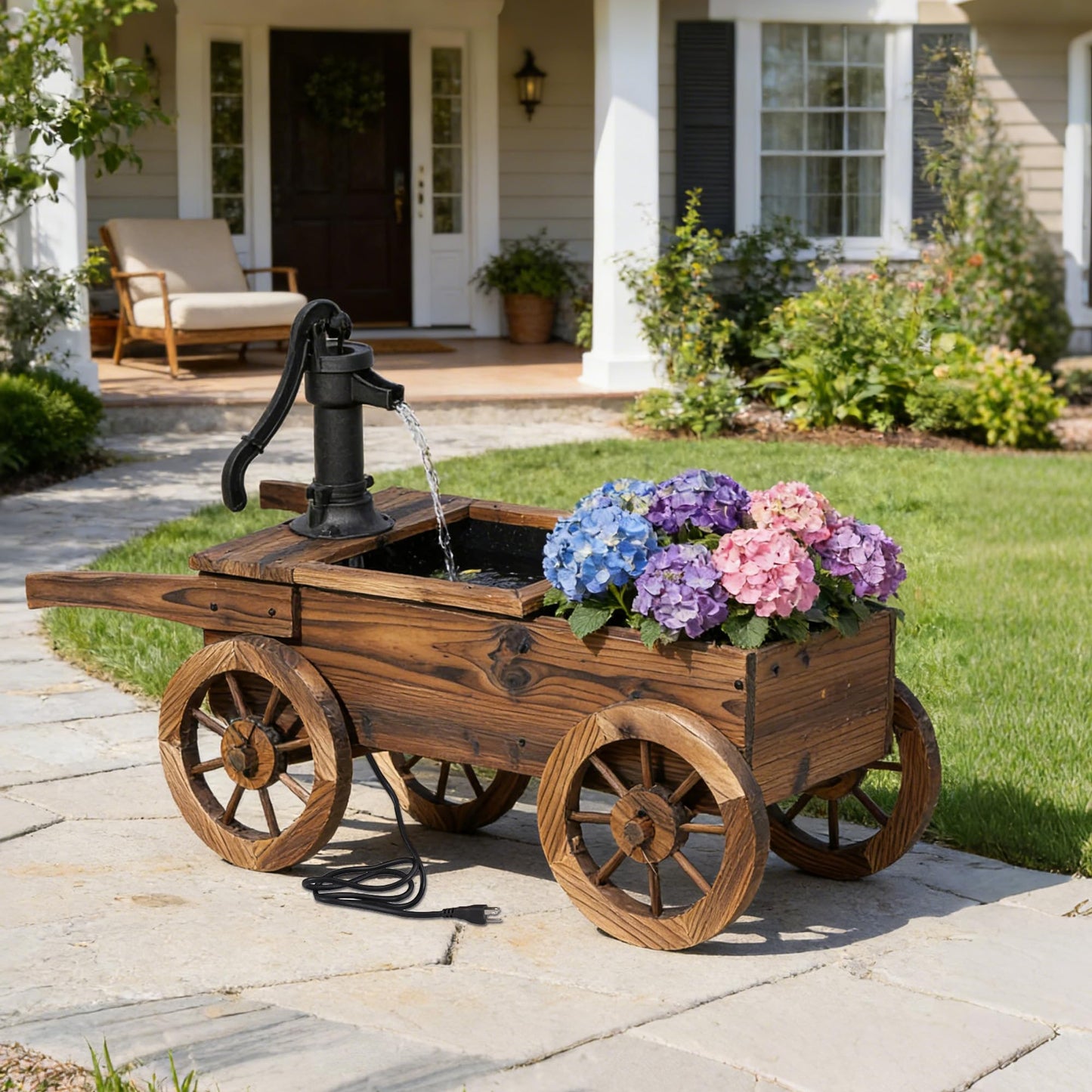 Outdoor Water Fountain, Wooden Wagon Garden Fountain with Planter Box, Rustic Cart Water Feature with Retro Hand Pump, Decorative Outdoor Flower Pot for Patio & Backyard, Plug-in Electric