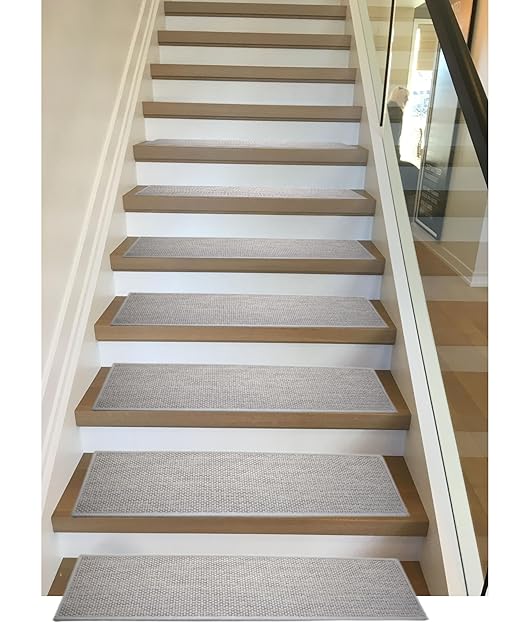 Natural Linen Stair Treads for Wooden Steps, 4 Pcs 8" x 30",Non Slip Stair Runner, Peel and Stick Carpet Indoor for Kids Elders and Pets (4, Grey, 8" x 30")
