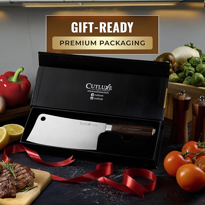Cutluxe Meat Cleaver Knife – Ultra Sharp 7" Meat Cleaver, Butcher Knife, High Carbon Stainless Steel Blade, Full Tang Pakkawood Handle – Shinobi Series