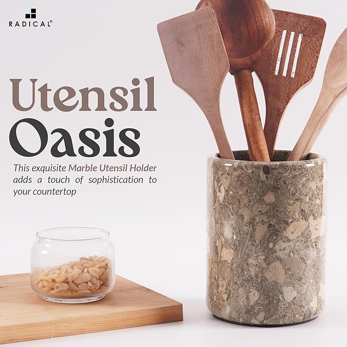 Radicaln Marble Utensil Holder 6.5" Inches Oceanic Handmade Spatula Set for Kitchen Counter, Marble Cooking Utensils Jar & Kitchen Essentials Organizer, Ideal Utensil Caddy, Spoon Holder