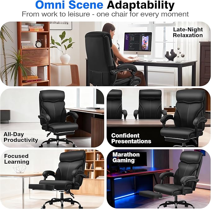 Office Chair - Ergonomic Comfortable High Back Computer Desk Chair with Foot Rest - Executive Breathable Swivel Rolling Reclining Leather Chair with Lumbar Support for Home Gaming Relaxing