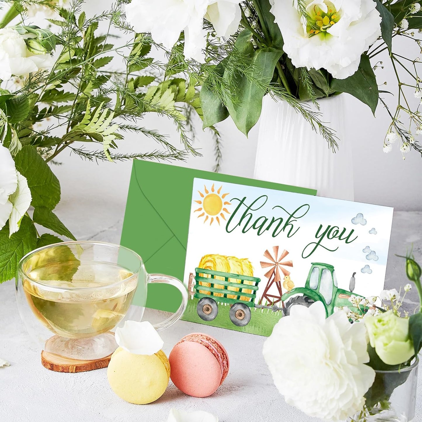 Whaline 24 Pack Green Tractor Thank You Cards Bulk Grain Chicken Tractor Note Card with Envelopes Stickers Green Yellow Greeting Blank Card for Farmhouse Birthday Baby Shower