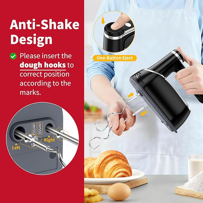 Cordless Hand Mixer, 12-Speed Rechargeable Electric Handheld Mixer with 6 x 304 Stainless Steel Attachments (2 Whisks, 2 Beaters, 2 Dough Hooks) & Storage Case, for Baking, Eggs, Cakes (Black)
