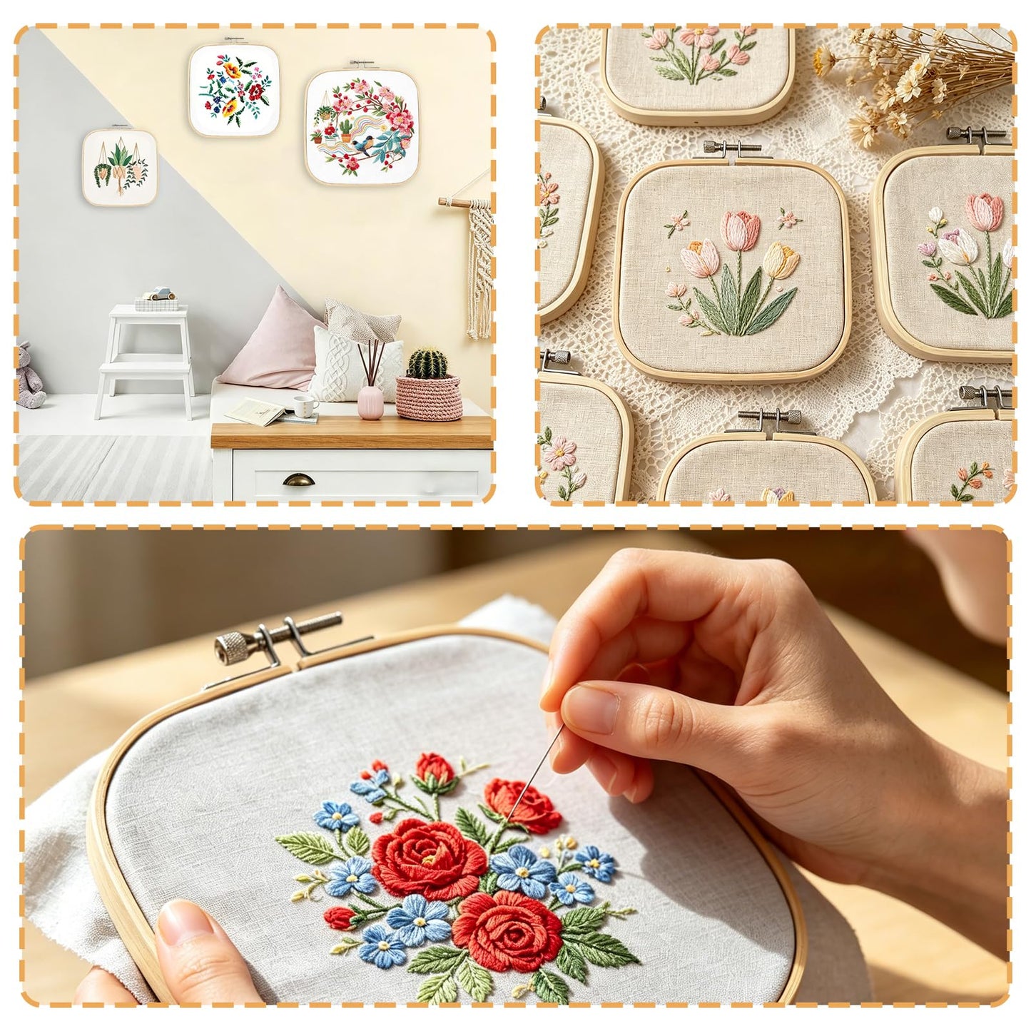 Yorwex 3 Pieces 3 Sizes Square Embroidery Hoops Adjustable Wooden Circle Cross Stitch Hoop Ring for DIY Embroidery Craft Art Craft Handy Sewing and Christmas Ornaments