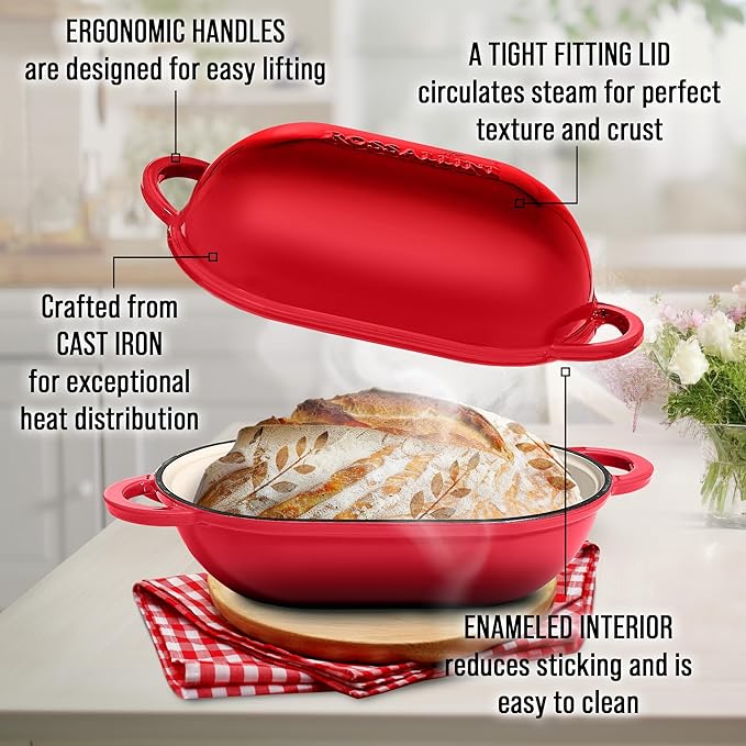 Signature Enameled Cast Iron Sourdough Bread Oven | Non-Stick with Tight Fitting Lid for Perfect Baking and Bread Making | 2QT Oval Oven With Lid [Red]
