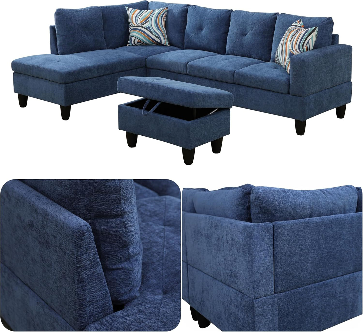 Modern Living Room Furniture Sets with Pillows, Modular Sectional Couches with Chaise Lounge, 4-Seaters L Shape Sofa with Storage Ottoman, for Living Room, Blue