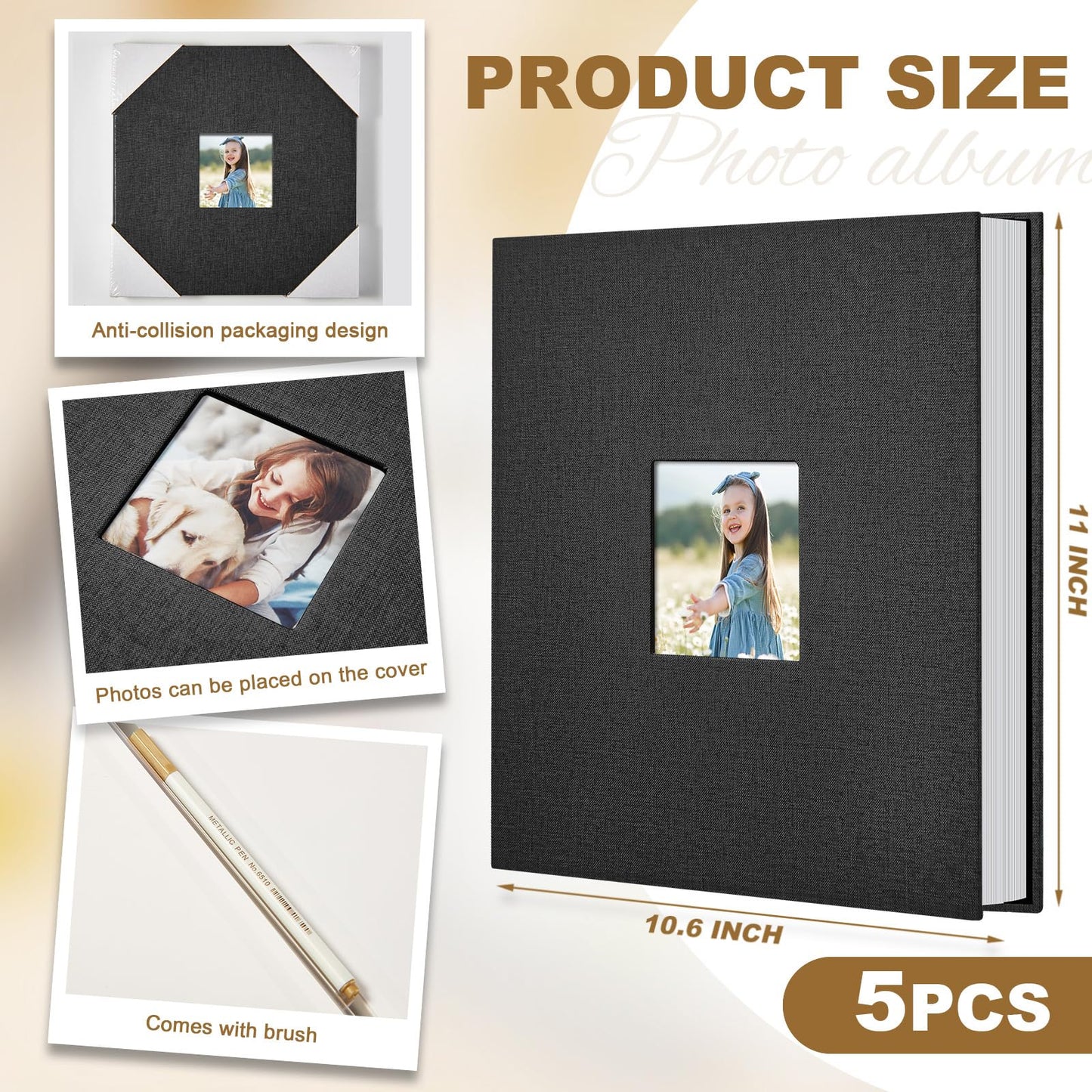 Jetec 5 Pcs 11 x 10.6 Inch Large Photo Album Self Adhesive Scrapbook Album 40 Blank Pages DIY Linen Cover Memory Photo Book with Metallic Pen for Pictures Wedding Family Travel (Black)