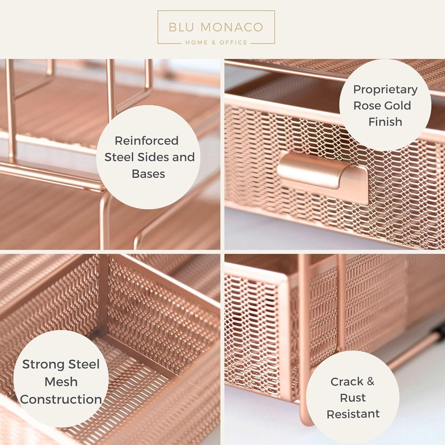 BLU MONACO Rose Gold Desk Organizer with File Sorters & Drawer – Workspace Storage Rack for Office Supplies, Paper & Folders