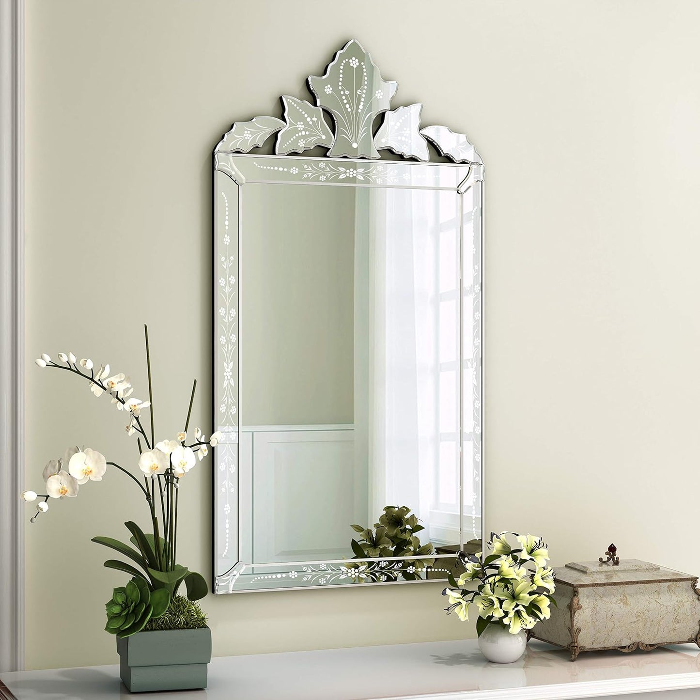 KOHROS Bathroom Vanity Decorative Mirrors for Wall Decor 42" x 24" Venetian Wall Mirror with Floral Etched Design Crown Top Frameless Wall Mirror for Bedroom Bathroom Vanity