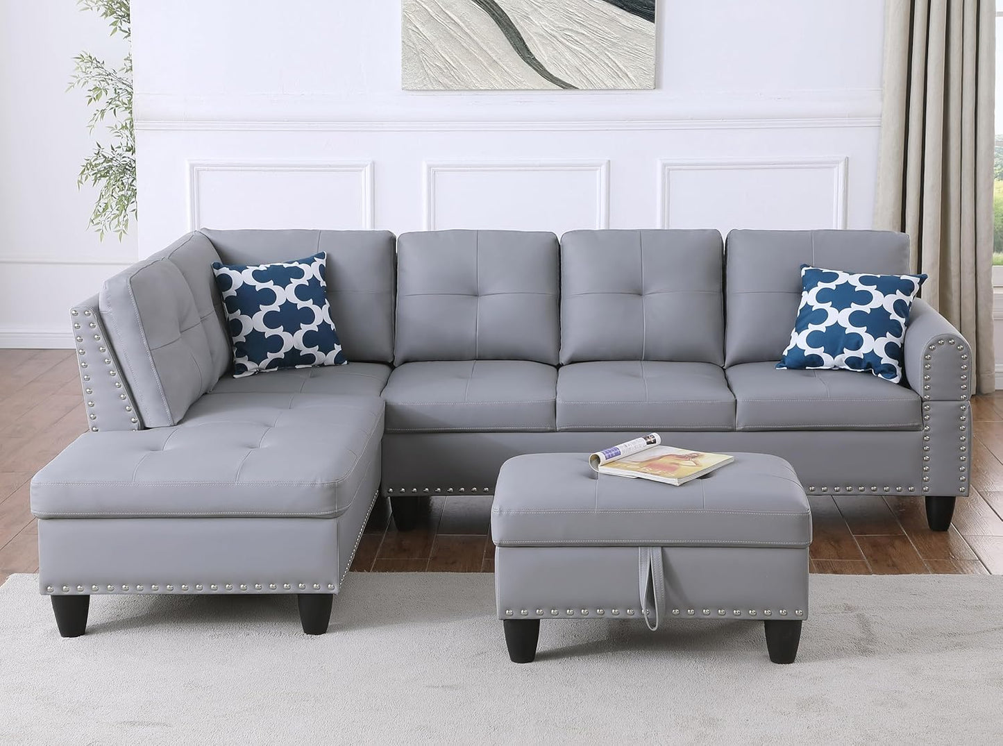 Ball & Cast 98" L Shaped Sectional Couch for Living Room with Storage Ottoman&Nailhead Trim,4 Seat Faux Leather Upholstered Modular Sectional Sofa Set 3 PCS W/Chaise&Cup Holders,for Home,Office,Gray