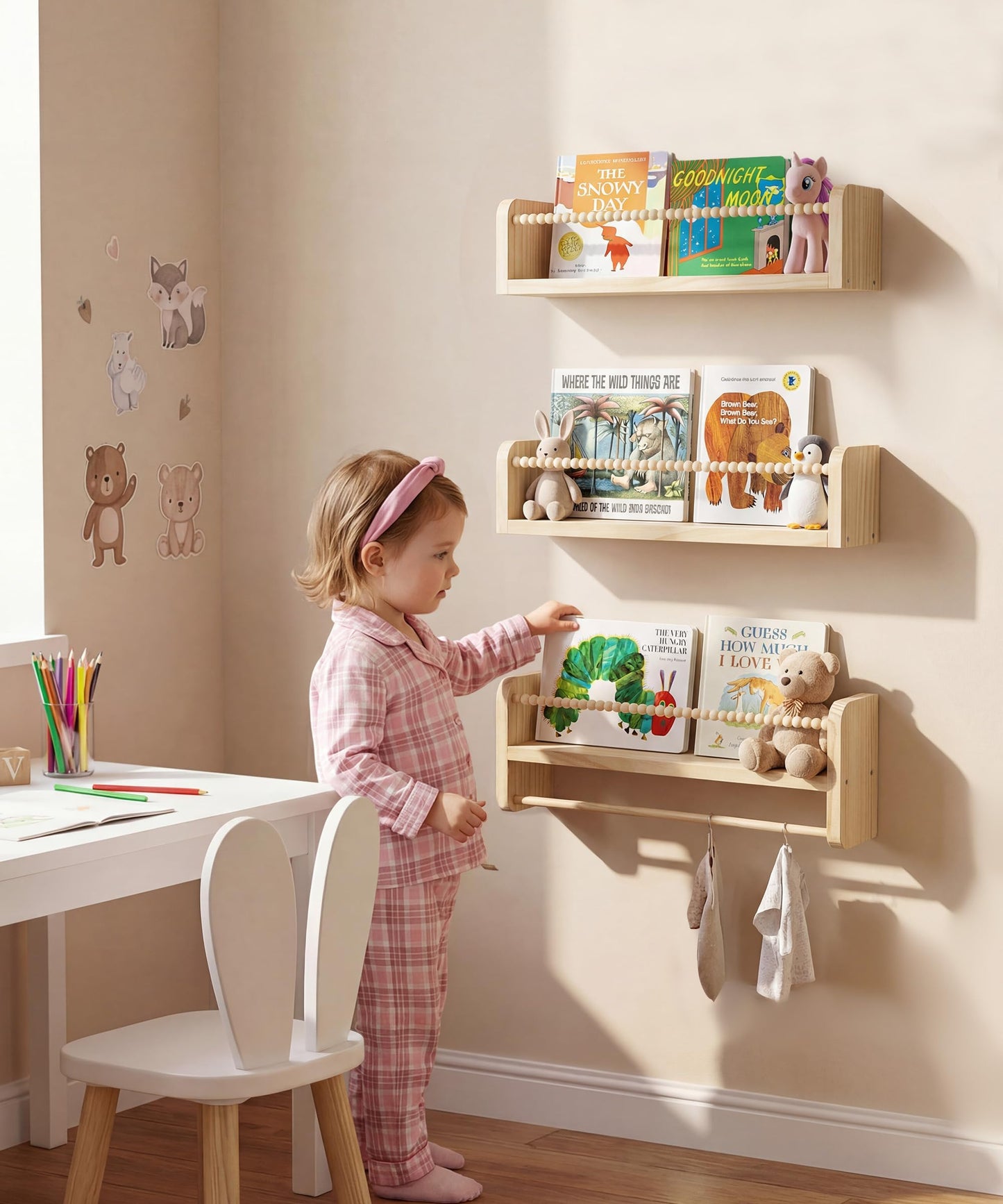 Mazjoaru Nursery Book Shelves for Wall Set of 3, Natural Wood Bookshelves Wall Decor, Small Floating Shelf Organizer for Kids Room, Bedroom, Kitchen Spice Rack