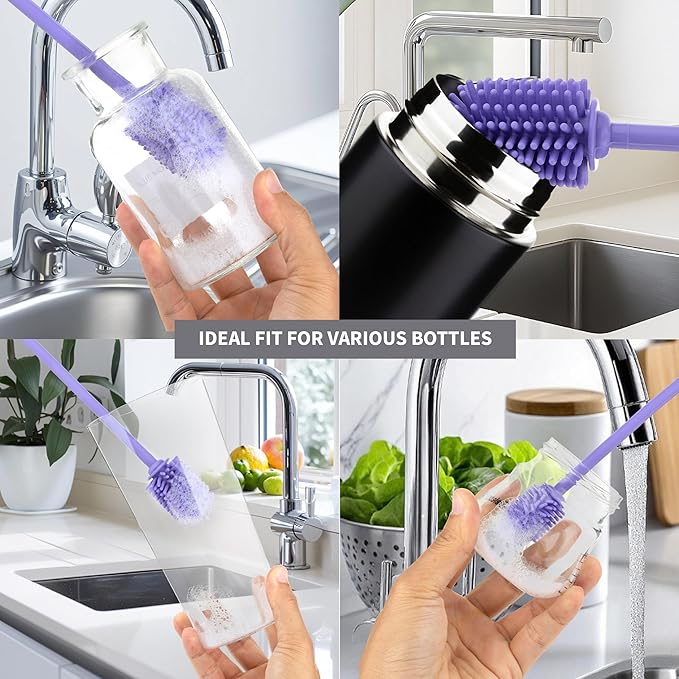 A-Brush Silicone Bottle Cleaner Brush, 3 Piece Set, Long Handle - Water Bottle Cleaner, Baby Bottle Nipple Brush for Plastic & Glass, BPA-Free Dish Washing Brush A2S Protection